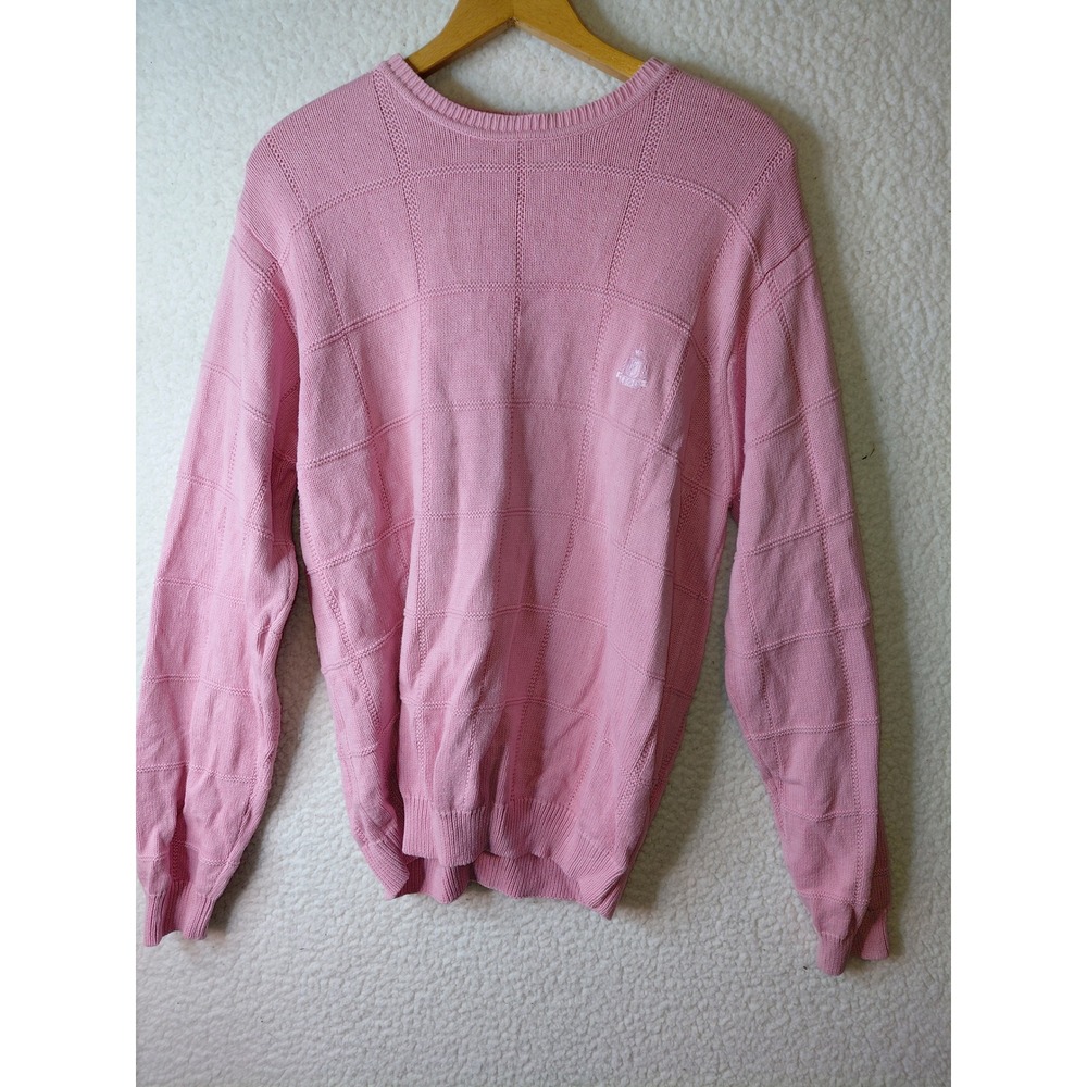 Izod Mens Pink Grid Textured Knit Crewneck Sweater Pullover Embroidered Logo